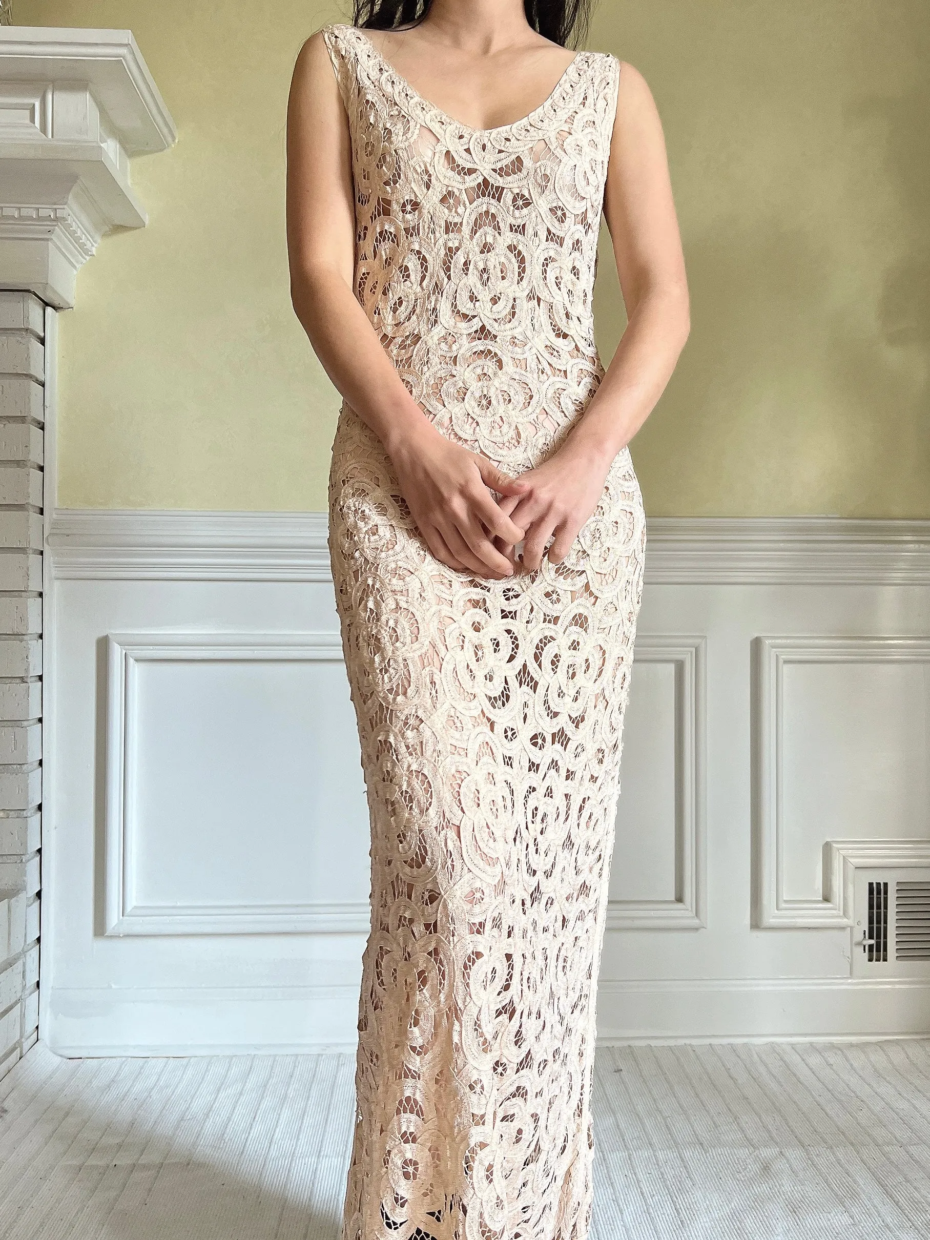 Vintage Light Dusty Pink Battenburg Lace Dress - S/M