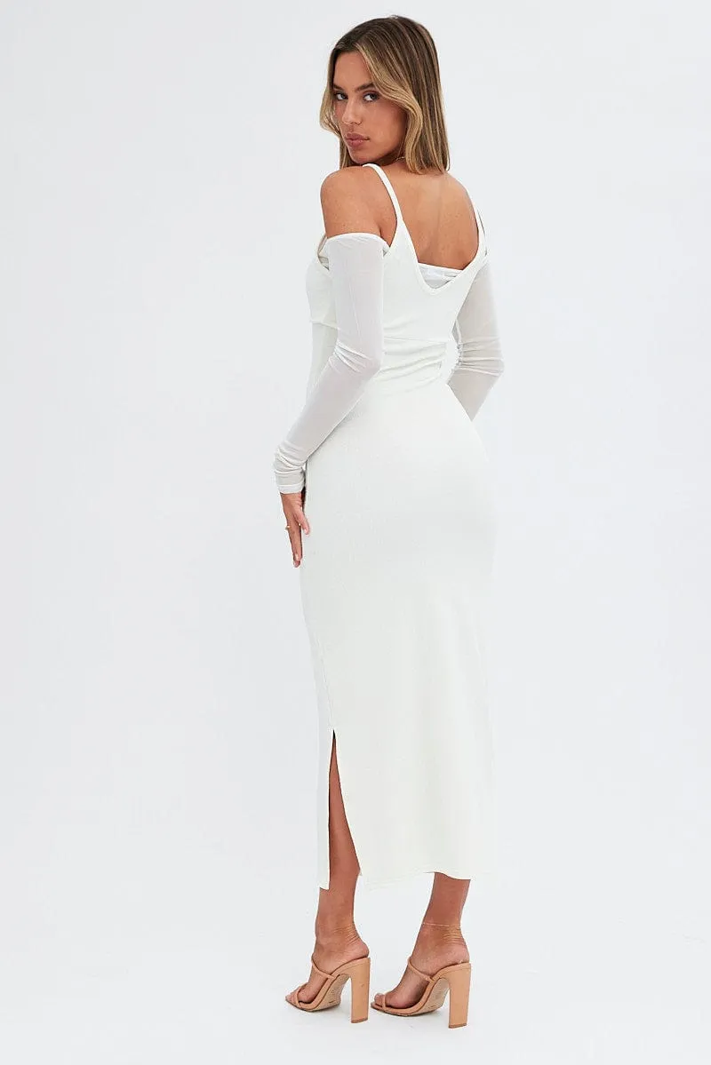 White Maxi Dress Long Sleeve Cold Shoulder Mesh Textured