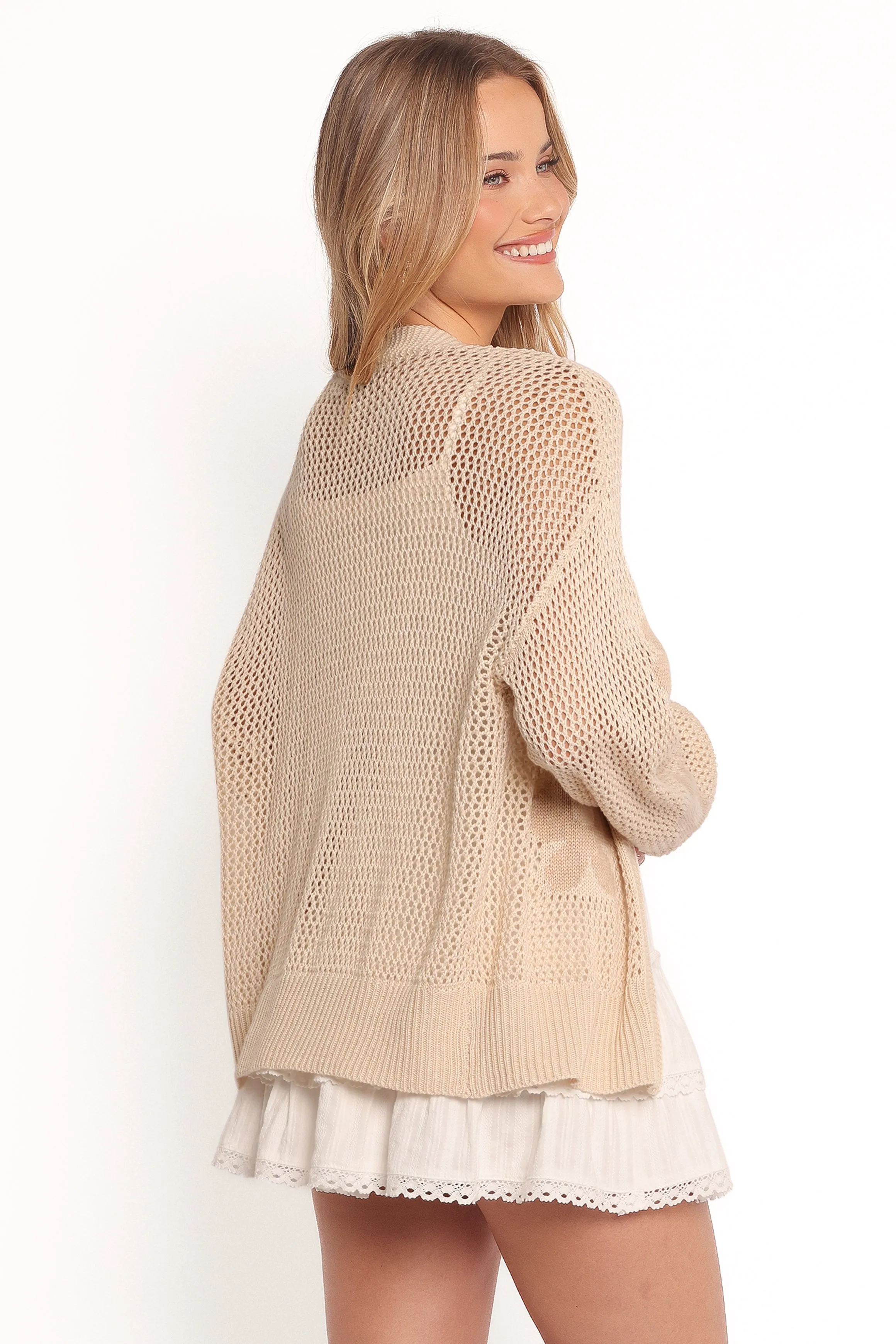 Winslow Open Knit Flower Cardigan - Tan